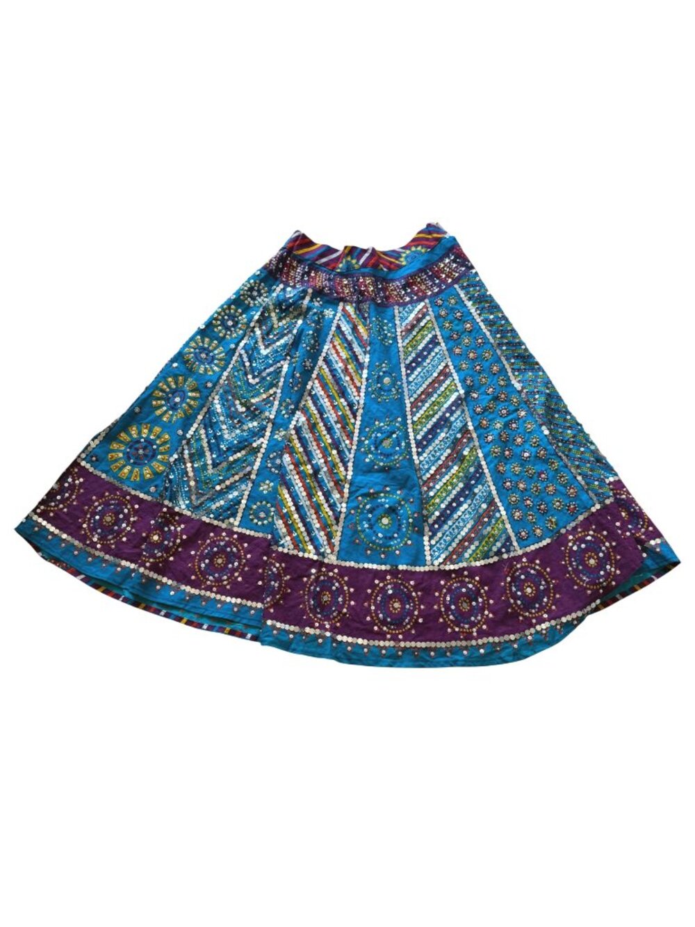 Women's Maxi Skirt Vintage Indian Patchwork Ghagra Mirror Embroidered Boho Blue